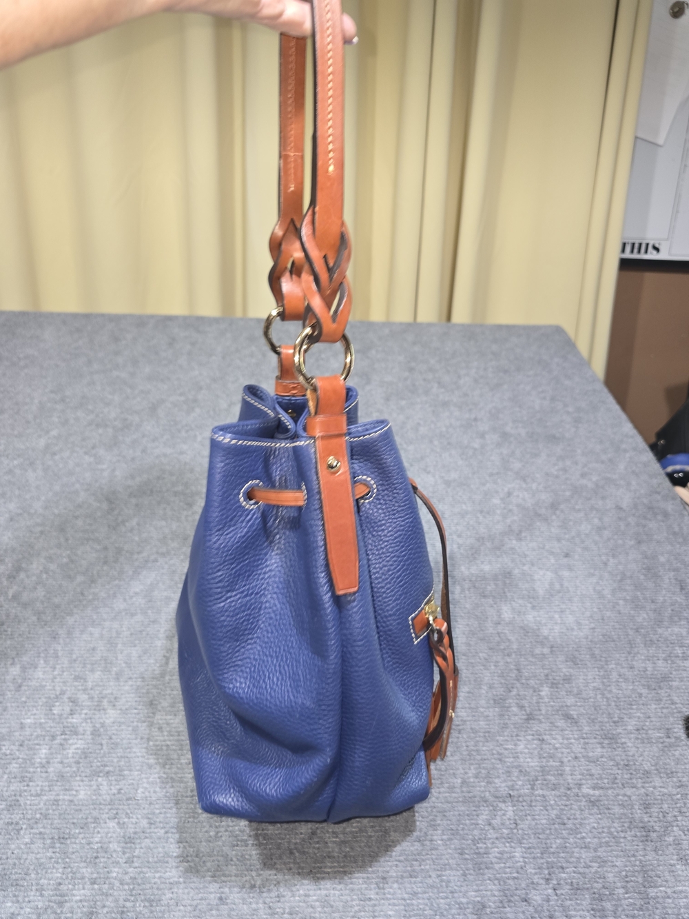 Dooney & Bourke Dillen II Navy Blue Pebbled Leather Drawstring Bucket Bag - Picture 9 of 14